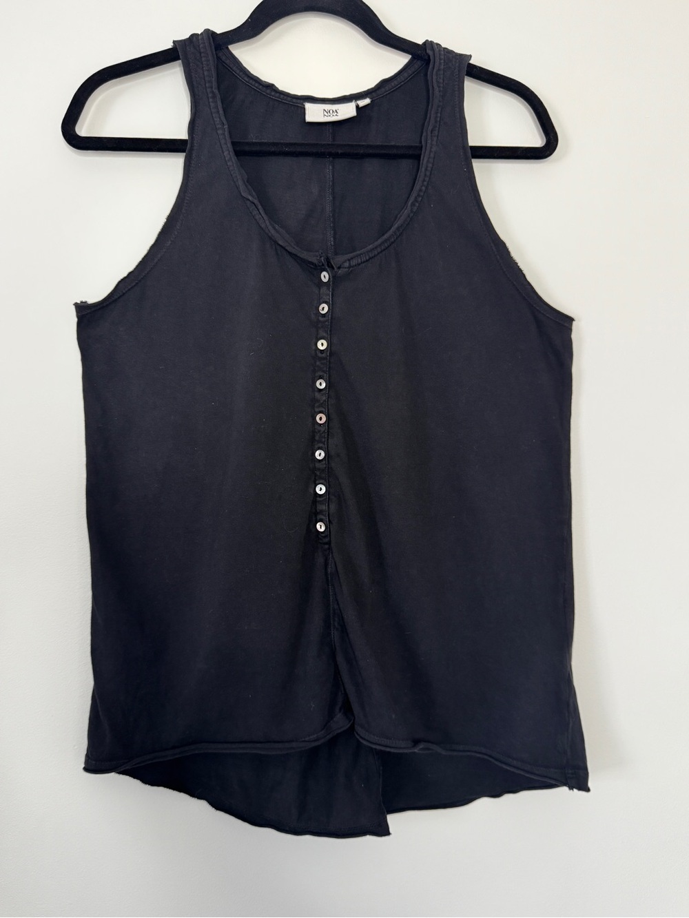Noa Noa Button Down Henley Tank Top Black Raw Rolled Hems Scoop Neck Sz L